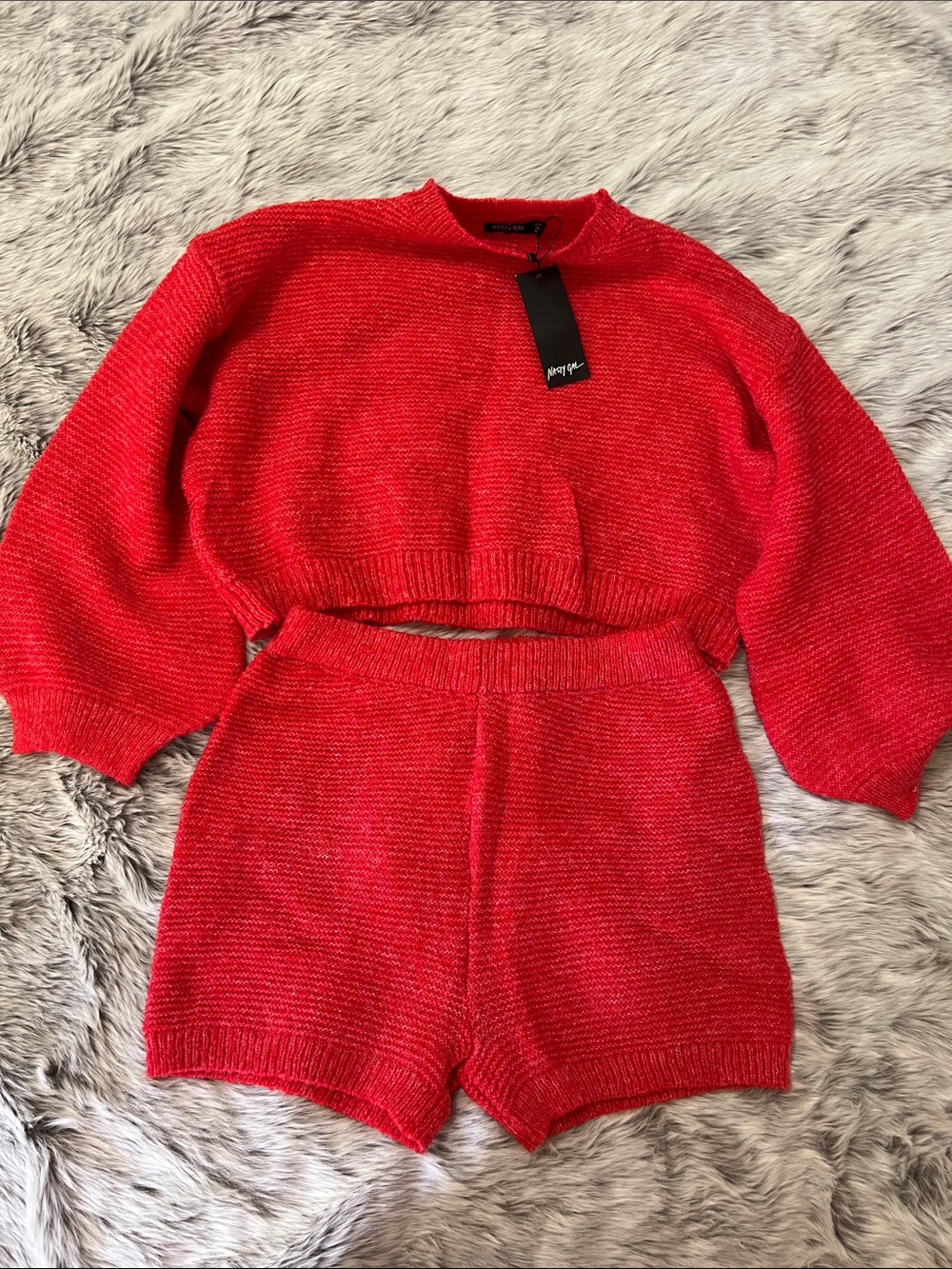 Nasty Gal Red Knit Lounge Set - Cropped Sweater & Shorts